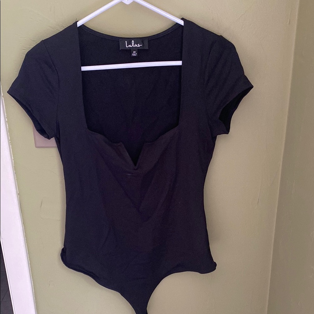 Lulu's Black Asymmetrical Cap Sleeve Bodysuit